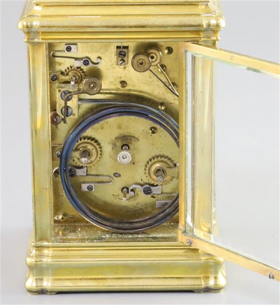 A late 19th century French ormolu quarter repeating carriage alarm clock, 6in.